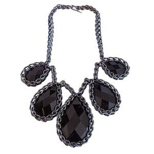 ETRO Gun Metal Chain Black Glass Stone Tear Drop Choker Bib Statement Necklace